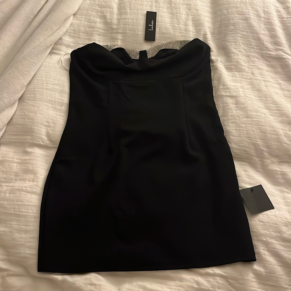Subtle Shine Black Rhinestone Strapless Bodycon Mini Dress